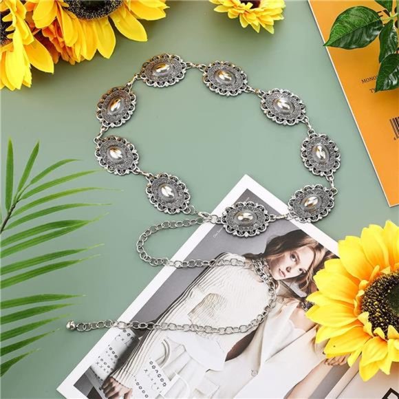Western Metal Oval Concho Chain Belt Silver Belts Adjustable Belts for Jeans main image 6